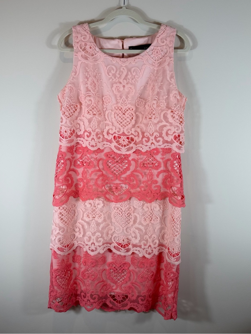 Chetta B Pink and Coral Layered Lace Midi Dress Size 6